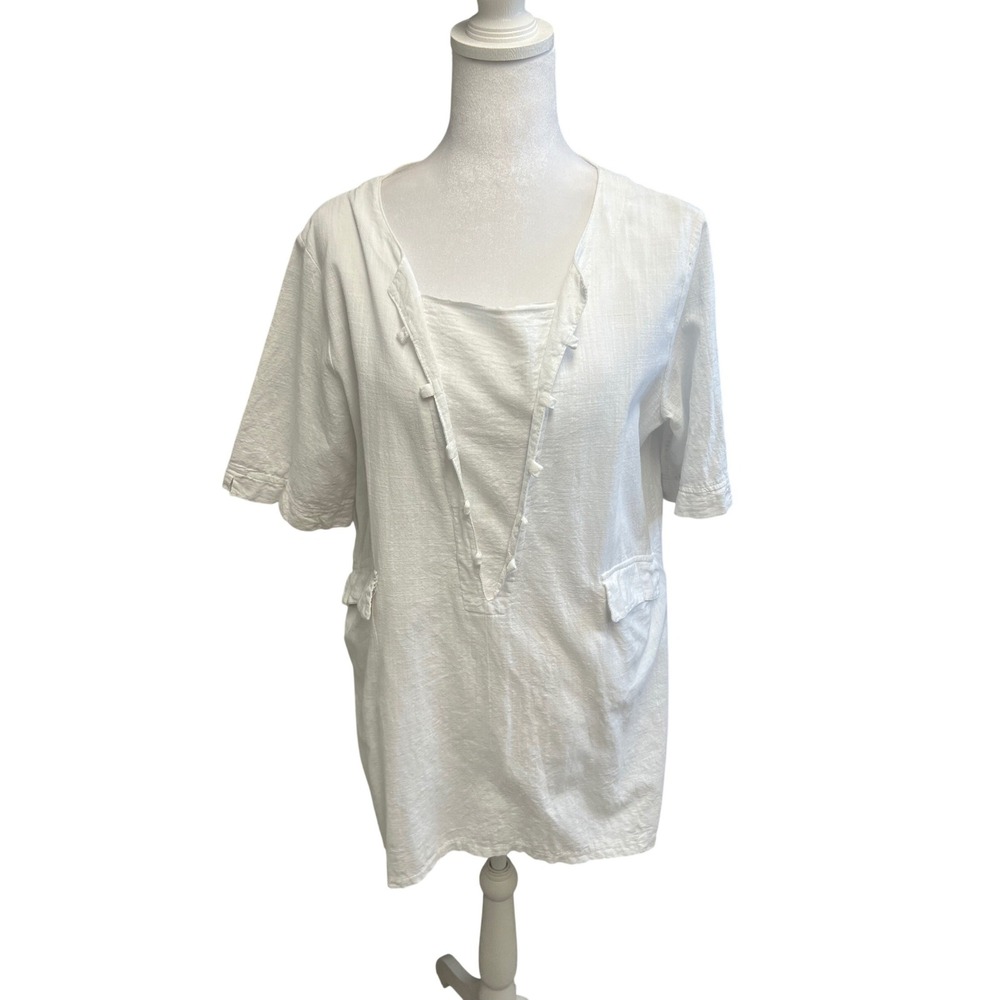 Coastal White Cotton Tunic Dress Split Neck Frog Button Sz XL Lagenlook Boho